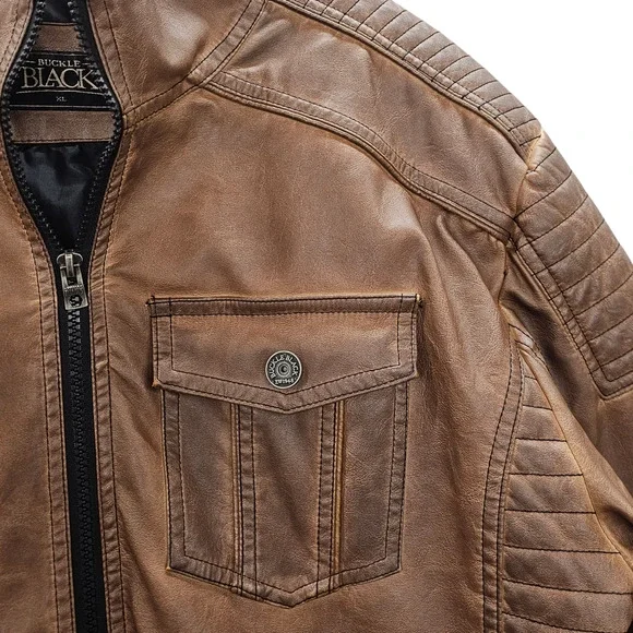 Buckle Black Jacket Mens XL Brown Faux Leather Moto Style Full Zip Distressed